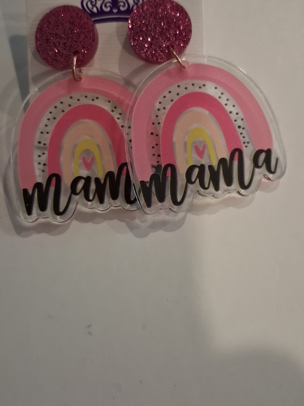 Pink 'Mama' Rainbow Kids Acrylic Earrings with Glitter Stud